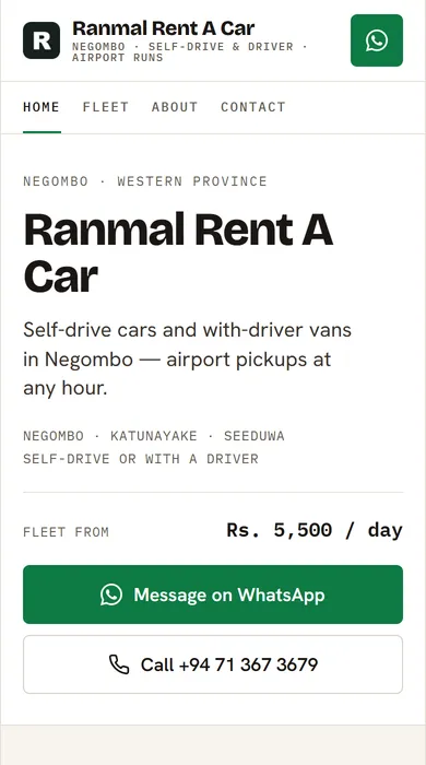 Demo rental website in the Compact theme — home page on a phone