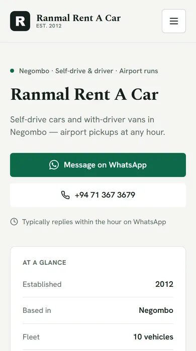 Demo rental website in the Ledger theme — home page on a phone